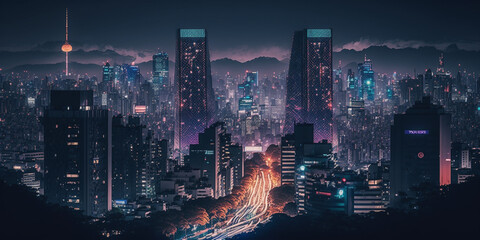 Fototapeta na wymiar Tokyo Nightscape: Futuristic City Lights and Towering Skyscrapers - Generative Art