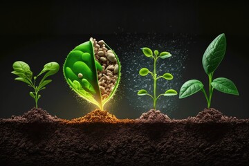 Four green plants sprouting from soil on a dark backgound