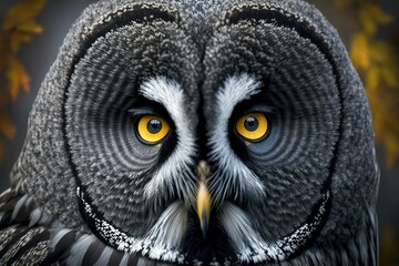 Great grey owl face portrait, front view, realistic 3d illustration 
