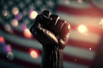 black human fist With American Flag Flies In The Sky With Blurred Bokeh And Sunlight Effect - Independence Day