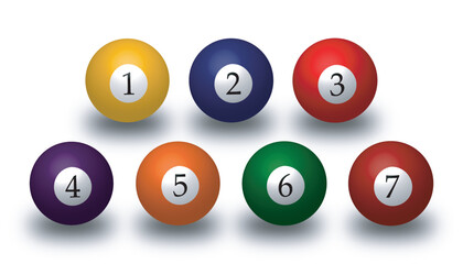 Solid pool ball icons collection isolated on white background, realistic set of 3d solid glossy billiard balls with shadow, poll balls from number one to seven. Vector illustration - obrazy, fototapety, plakaty