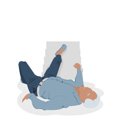 Old man falling accident from stairs in house. Elderly man dropping from stairs case.Grandpa dropped from jack ladder.Senior falling from stairway on white background.vector illustrations flat design.