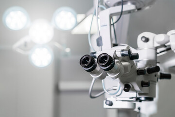Fototapeta na wymiar Surgical microscope in an ophthalmological clinic. Microsurgical optical equipment