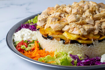 Middle Eastern food culture, Turkish cuisine; type of pilaf, pilaf with chicken and vegetables, Turkish name; Maklube, tavuklu maklube