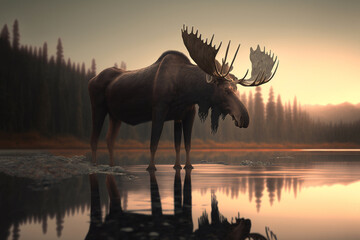 Photorealistic image of a moose during sunset. Generative AI.