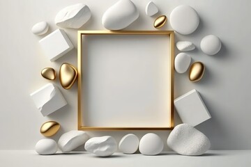 Fototapeta fond blanc abstrait avec des pierres de craie en lévitation, des roches avec un cadre carré doré, un fond d'écran minimaliste esthétique obraz