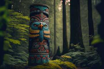 Colorful totem in the forest - obrazy, fototapety, plakaty