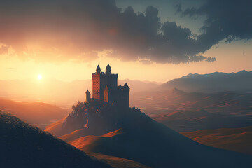 Obraz premium An epic fantasy landscape with a glowing sky at dawn, creating a dramatic contrast with the dark scenery