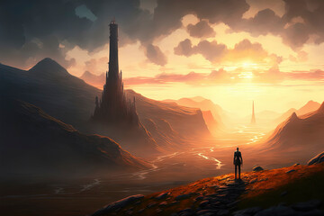 A breathtaking fantasy landscape with dramatic lighting at dawn, inviting you to an adventure