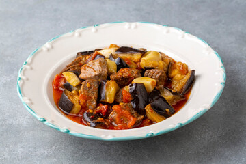 Traditional Turkish cuisine; Meaty Eggplant Dish. Turkish name; patlican guvec or patlican tava