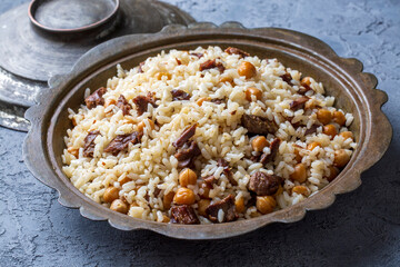 Traditional Turkish food; Roasted meat on rice (Turkish name; pilav üstü kavurma, kurban kavurma, nohutlu etli pilav)