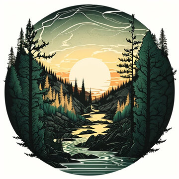 Forest Against Sunset Print Clip Art on White Background - Generative A.I. Art