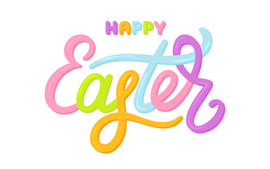 Happy Easter rainbow lettering calligraphy flat. Handwritten banner sign writing colorful holiday cartoon candy decoration greeting card poster typography sticker traditional holiday spring isolated