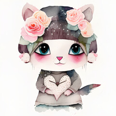Obraz premium The cat holds a heart in his hand, painted in watercolor on a white background. generative AI