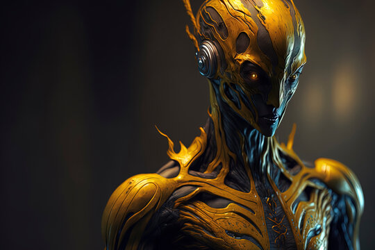 photorealistic masterpiece of an alien android, dark yellow