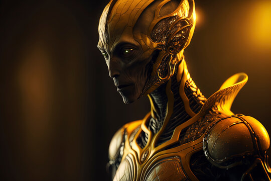 photorealistic masterpiece of an alien android, dark yellow