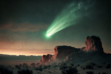 Photo illustration of a green comet crossing the skies. Generative AI.