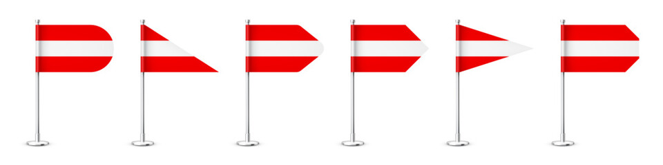 Realistic various Austrian table flags on a chrome steel pole. Souvenir from Austria. Desk flag made of paper or fabric, shiny metal stand. Mockup for promotion and advertising. Vector illustration