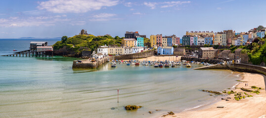 Panoramic view of the colorful harbor area of the Welsh seaside resort town of Tenby, Pembs