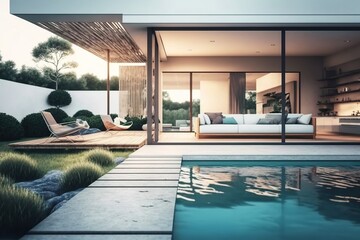 Modern patio outdoor with swimming pool. Modern house interior and exterior design	
