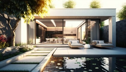 Fototapeta na wymiar Modern patio outdoor with swimming pool. Modern house interior and exterior design 
