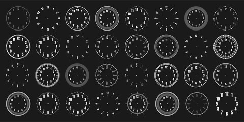 Fototapeta na wymiar Mechanical clock faces with arabic numerals, bezel. White watch dial with minute, hour marks and numbers. Timer or stopwatch element. Blank measuring circle scale with divisions. Vector illustration