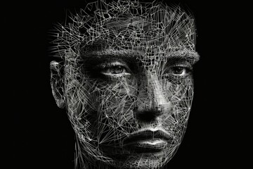 Detailed wire female human head silhouette on black background