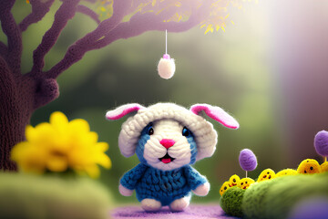 Cute easter bunny and eggs in the garden. Created with ai technologies