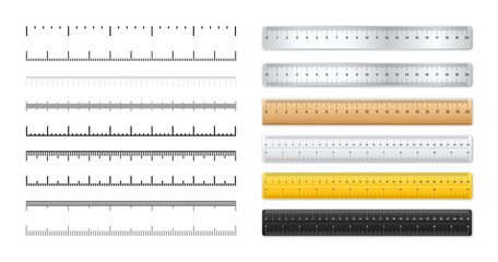 Realistic metal and plastic rulers. Measurement scales with divisions. Scale for measuring length or height in centimeters, inches. Ruler, tape measure marks, size indicators. Vector illustration
