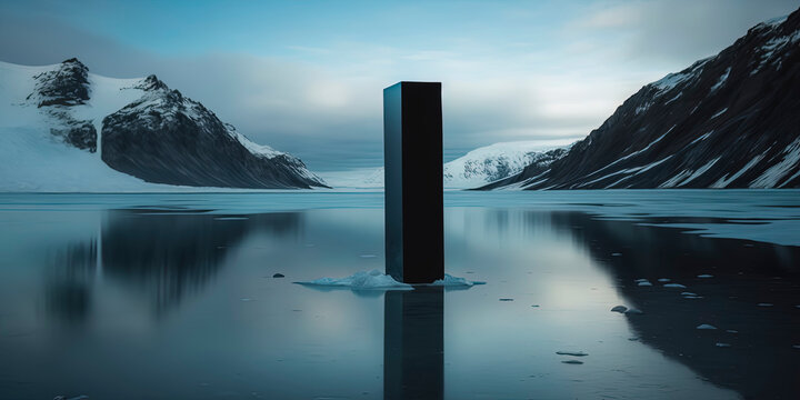 nature photograph of tall, skinny vantablack monolith on a flat glacier AI-Generated
