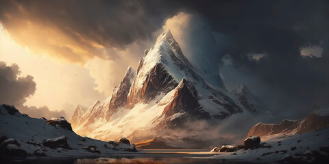 snow-capped peaks of the majestic mountain, emerging from the clouds, in the light of the sunset
