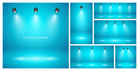 Fototapeta premium Empty blue studio abstract backgrounds with spotlights. Product showcase backdrop with spotlight effect. Stage lighting. Vector illustration