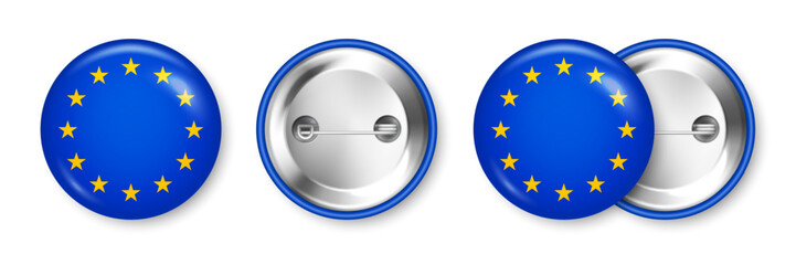 Realistic button badge with printed European flag. Souvenir from Europe. Glossy pin badge with shiny metal clasp. Product mockup for advertising and promotion. Vector illustration