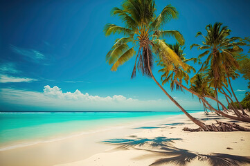 Fototapeta na wymiar Tropical beach in Punta Cana, Dominican Republic. Palm trees on sandy island in the ocean. AI-Generated