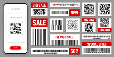 Product barcodes and QR codes. Smartphone application, scanner app. Sale stickers, discount label or promotional badge. Serial number, product ID. Store, supermarket scan labels. Vector illustration