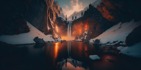 A stunning view of Yosemite with a waterfall, a lake, and snow, creating a fantasy-like atmosphere at sunset with long shadows