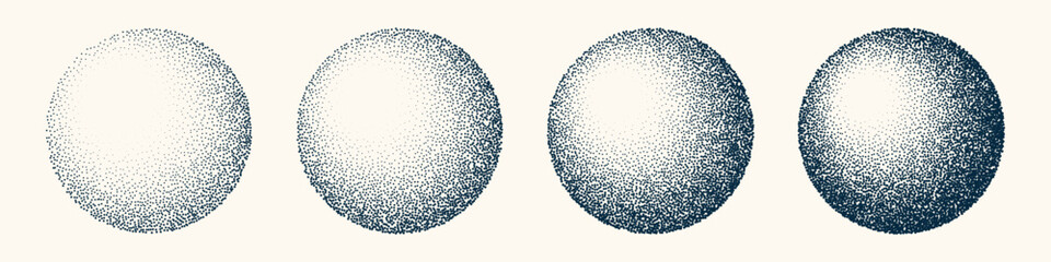 Round shaped dotted objects, vintage stipple elements. Fading gradient. Stippling, dotwork drawing, shading using dots. Halftone disintegration effect. White noise grainy texture. Vector illustration