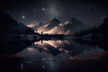 Dreamscape, pitch black night, starry sky, a still lake. Generative AI.