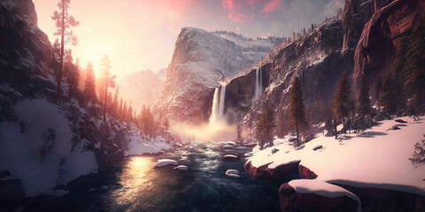 A stunning view of Yosemite with a waterfall, a lake, and snow, creating a fantasy-like atmosphere at sunset with long shadows