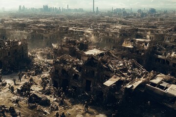 Generative AI aerial view of the ruins of a city with a crowd of undead walking through the streets