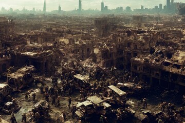Generative AI general aerial shot of the ruins of a city with undead walking the streets