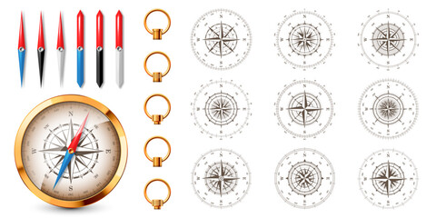 Realistic golden vintage compass with marine wind rose and cardinal directions of North, East, South, West. Shiny metal navigational compass. Cartography and navigation. Vector illustration. - obrazy, fototapety, plakaty
