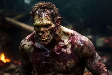 Generative AI standing male zombie walking among the ruins of a city, detachment of flesh, bones, teeth, blood and dirty and torn clothes, representation of the apocalypse.