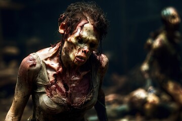 Generative AI close up of a female zombie, undead, walking through ruins