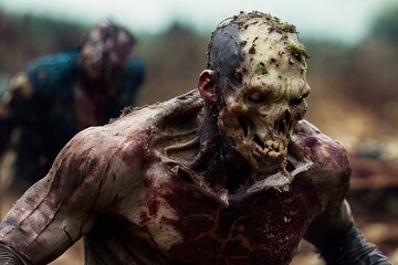 Generative AI zombie walking among the ruins of a city, undead, flesh and blood shedding