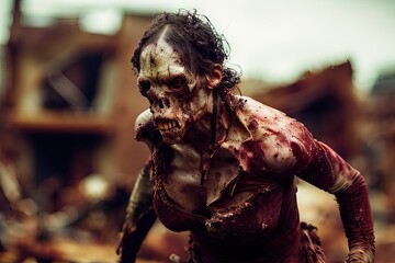 Generative AI female zombie walking among the ruins of a city, undead, flesh and blood shedding