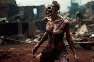 Generative AI female zombie walking in a city destroyed by the end of time, detachment of flesh, blood and broken bones.