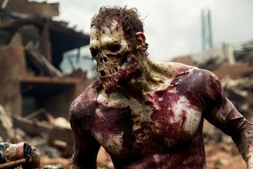 Generative AI portrait of zombie, undead walking among ruins, detachment of flesh, bones, teeth, dirty and torn clothes.
