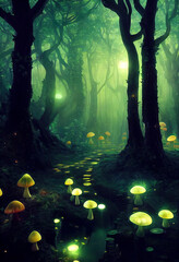 Fototapeta premium Fantasy deep forest, Luminous huge mushrooms, twisted geometry, luminous fireflies