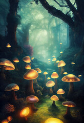 Fototapeta na wymiar Fantasy deep forest, Luminous huge mushrooms, twisted geometry, luminous fireflies